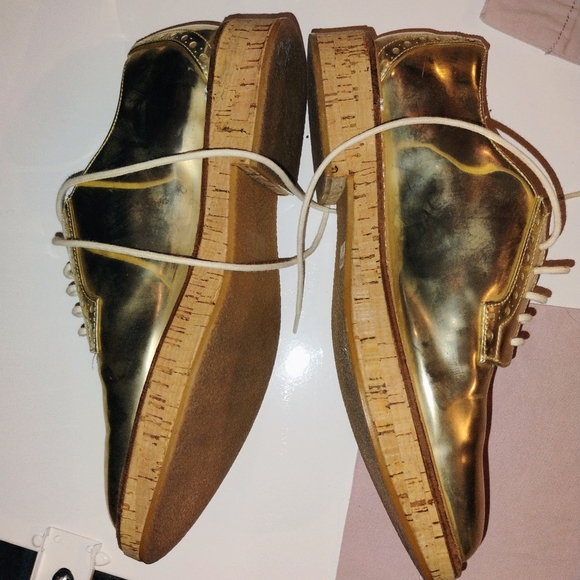 Women's Shiny Gold Mango Shoes Lace Up Cork Soles Size 39 - Picture 8 of 12